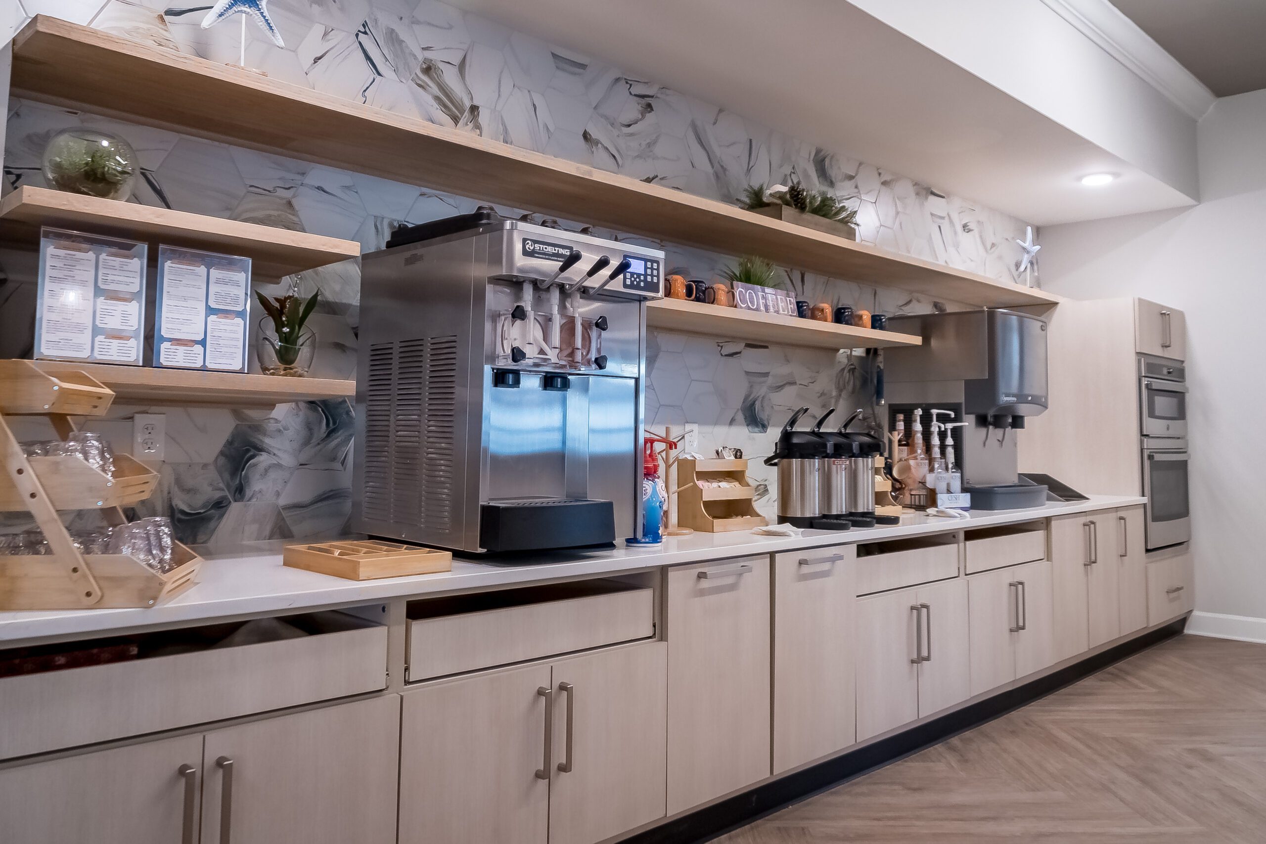 The ice cream machine sits on a countertop of Prime Carolina Coast's dining area